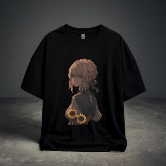 Violet Evergarden Sunflower Graphic T-Shirt – Oversized Black Tee